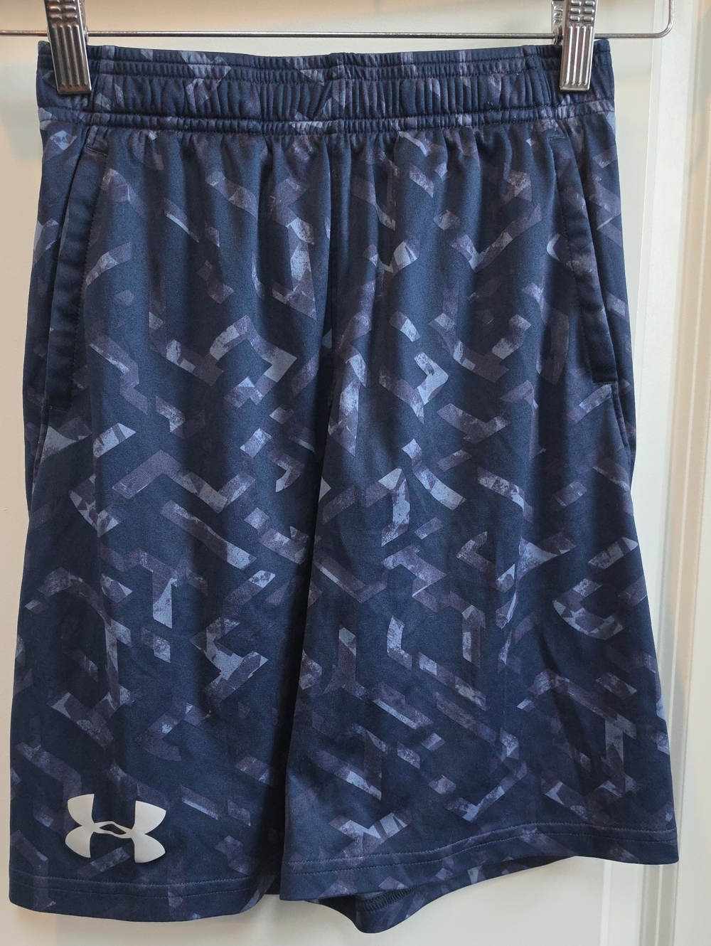Under Armour Boys Navy Geometric Athletic Shorts with White Logo